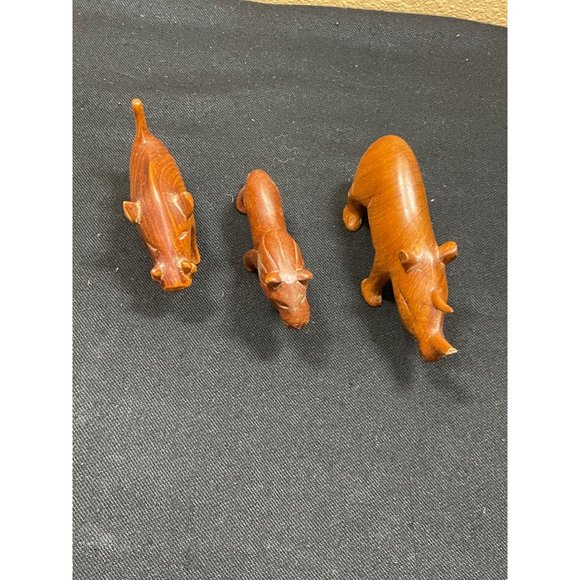 African Hand Carved Wooden Animals Safari Rhino Lion And Hog - Picture 2 of 8